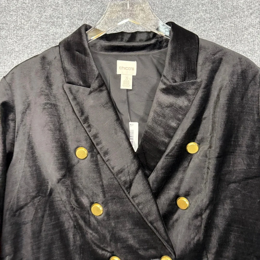 Chicos Blazer 3 Womens 16 Black Velvet Velour‎ Double Breasted Gold Button NWT